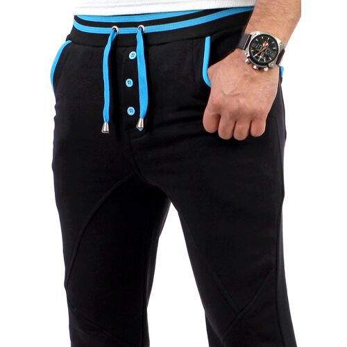 Reslad Herren Buttoned Style Sweatpants Jogginghose RS-5150 Schwarz-Trkis M