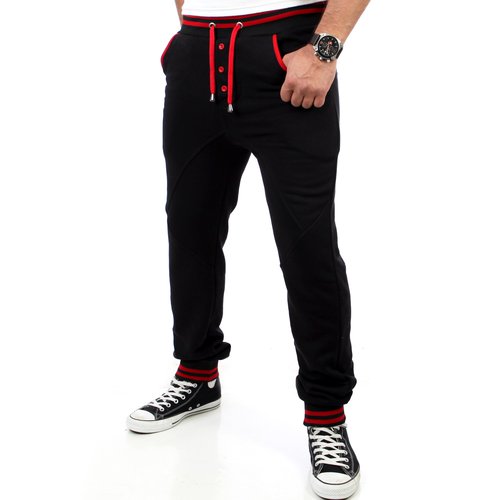 Reslad Herren Buttoned Style Sweatpants Jogginghose RS-5150 Schwarz-Rot S