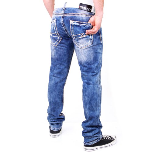 Reslad Herren Jeans Dicke Kontrast Doppel-Naht Used Look Jeanshose RS-2007 Blau-Camel W32 / L32