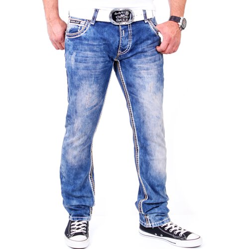 Reslad Herren Jeans Dicke Kontrast Doppel-Naht Used Look Jeanshose RS-2007 Blau-Camel W32 / L32