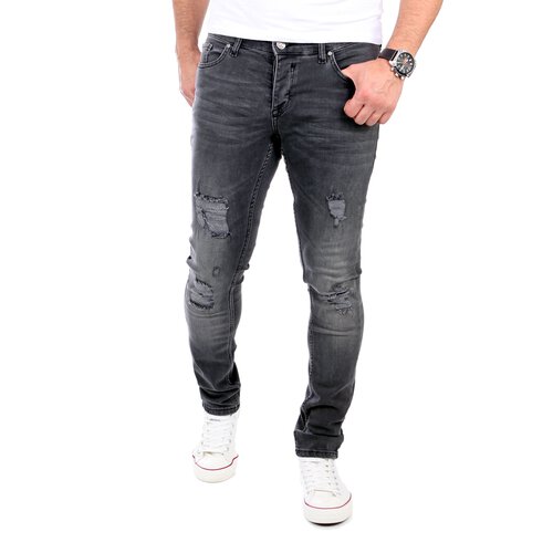 Reslad Jeans Herren Destroyed Look Slim Fit Denim Strech Jeans-Hose RS-2062 Schwarz W32 / L30