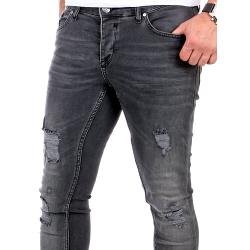 Reslad Jeans Herren Destroyed Look Slim Fit Denim Strech Jeans-Hose RS-2062 Schwarz W32 / L30